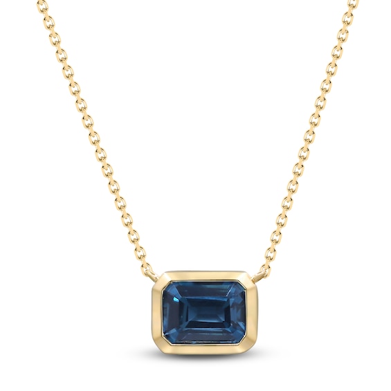Rectangle-Cut Natural London Blue Topaz & Diamond Necklace 1/20 ct tw 10K Yellow Gold 18"