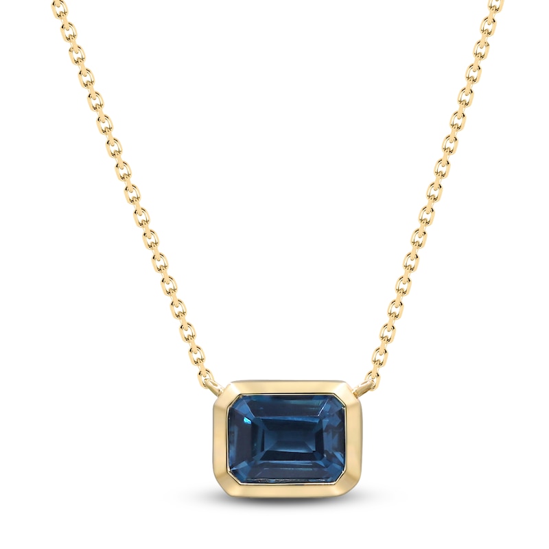 Main Image 1 of Rectangle-Cut Natural London Blue Topaz & Diamond Necklace 1/20 ct tw 10K Yellow Gold 18"