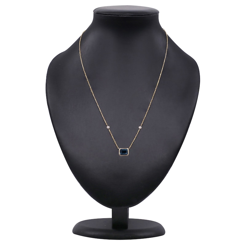 Main Image 4 of Rectangle-Cut Natural London Blue Topaz & Diamond Necklace 1/20 ct tw 10K Yellow Gold 18"