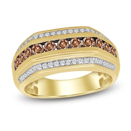 Men's Brown & White Diamond Angled Ring 1 ct tw 10K Yellow Gold