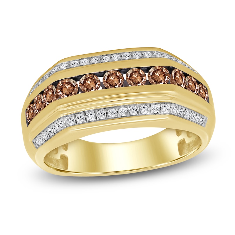 Main Image 1 of Men's Brown & White Diamond Angled Ring 1 ct tw 10K Yellow Gold