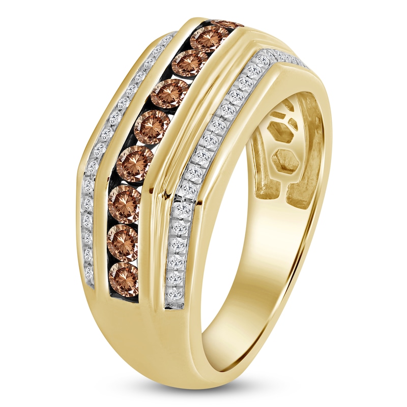 Main Image 2 of Men's Brown & White Diamond Angled Ring 1 ct tw 10K Yellow Gold