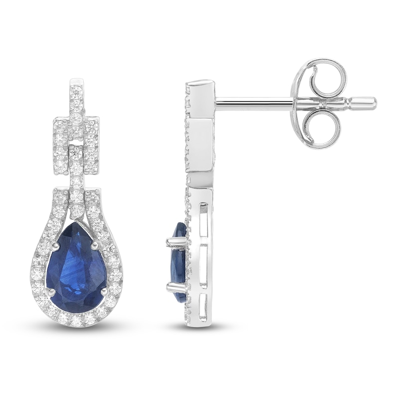 Main Image 1 of Pear-Shaped Natural Blue Sapphire & Diamond Drop Earrings 1/4 ct tw 10K White Gold