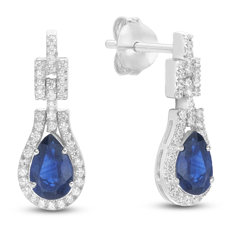 Main Image 3 of Pear-Shaped Natural Blue Sapphire & Diamond Drop Earrings 1/4 ct tw 10K White Gold