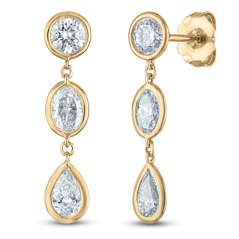 Main Image 2 of Pear, Oval & Round-Cut Lab-Grown Diamond Bezel-Set Three-Stone Drop Earrings 1-1/2 ct tw 14K Yellow Gold