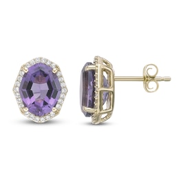 Natural Amethyst & Diamond Halo Stud Earrings 1/4 ct tw 10K Yellow Gold