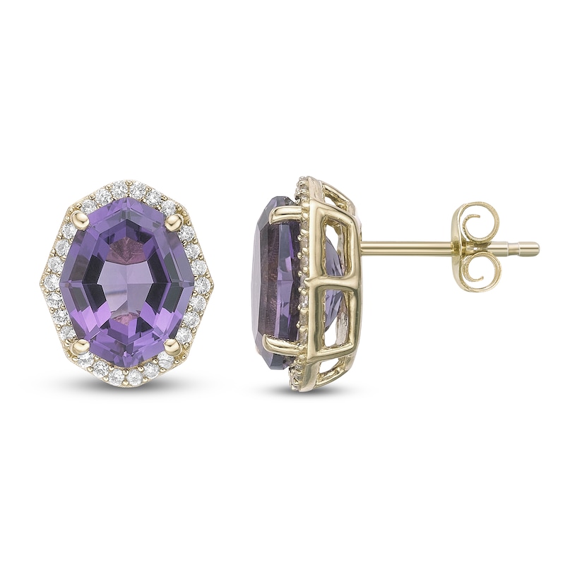 Main Image 1 of Natural Amethyst & Diamond Halo Stud Earrings 1/4 ct tw 10K Yellow Gold