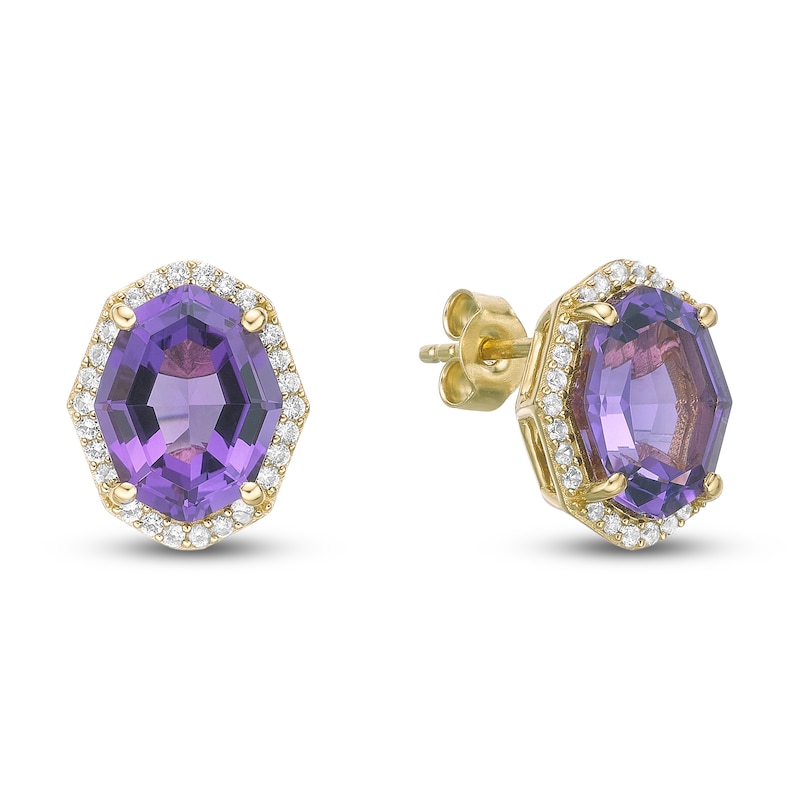 Main Image 3 of Natural Amethyst & Diamond Halo Stud Earrings 1/4 ct tw 10K Yellow Gold