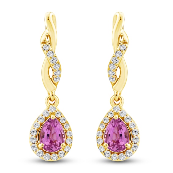 Pear-Shaped Natural Pink Sapphire & Diamond Twist Drop Earrings 1/10 ct tw 10K Yellow Gold