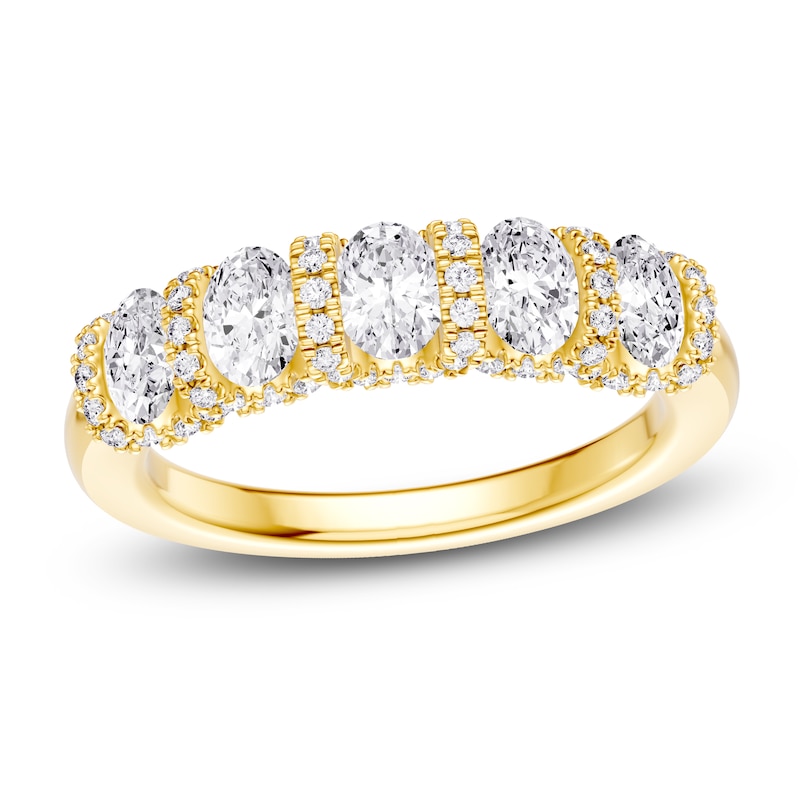 Main Image 1 of Certified Oval & Round-Cut Diamond Scalloped-Edge Anniversary Ring 1-1/2 ct tw 14K Yellow Gold