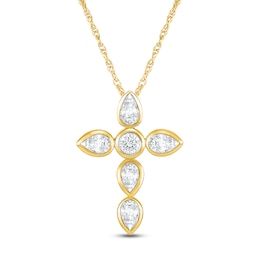 Jared Signature Bezel Collection Pear-Shaped & Round-Cut Lab-Grown Diamond Cross Necklace 1/2 ct tw 14K Yellow Gold 18"
