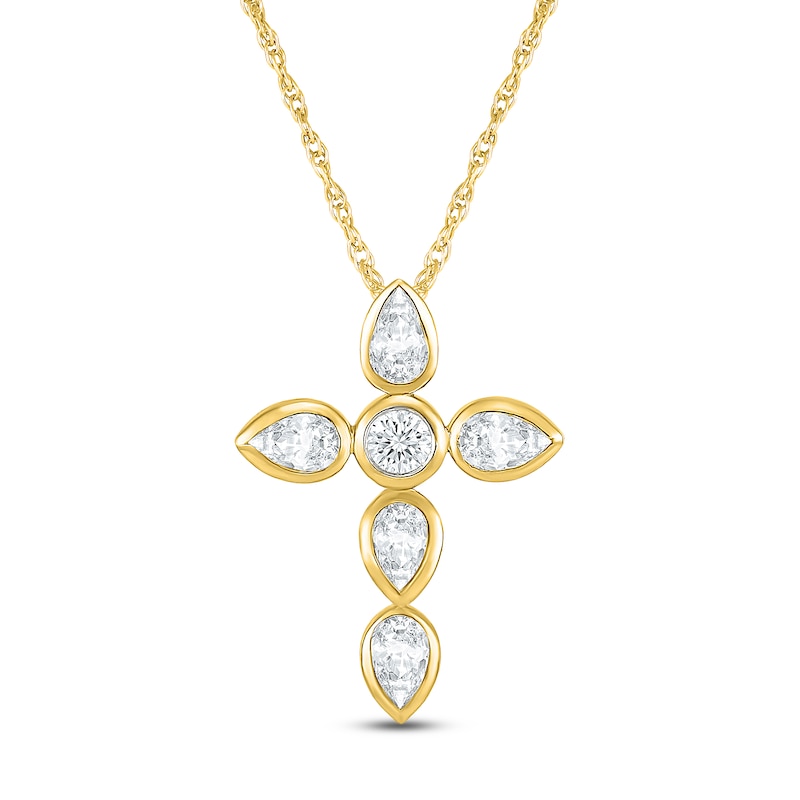 Main Image 1 of Jared Signature Bezel Collection Pear-Shaped & Round-Cut Lab-Grown Diamond Cross Necklace 1/2 ct tw 14K Yellow Gold 18"