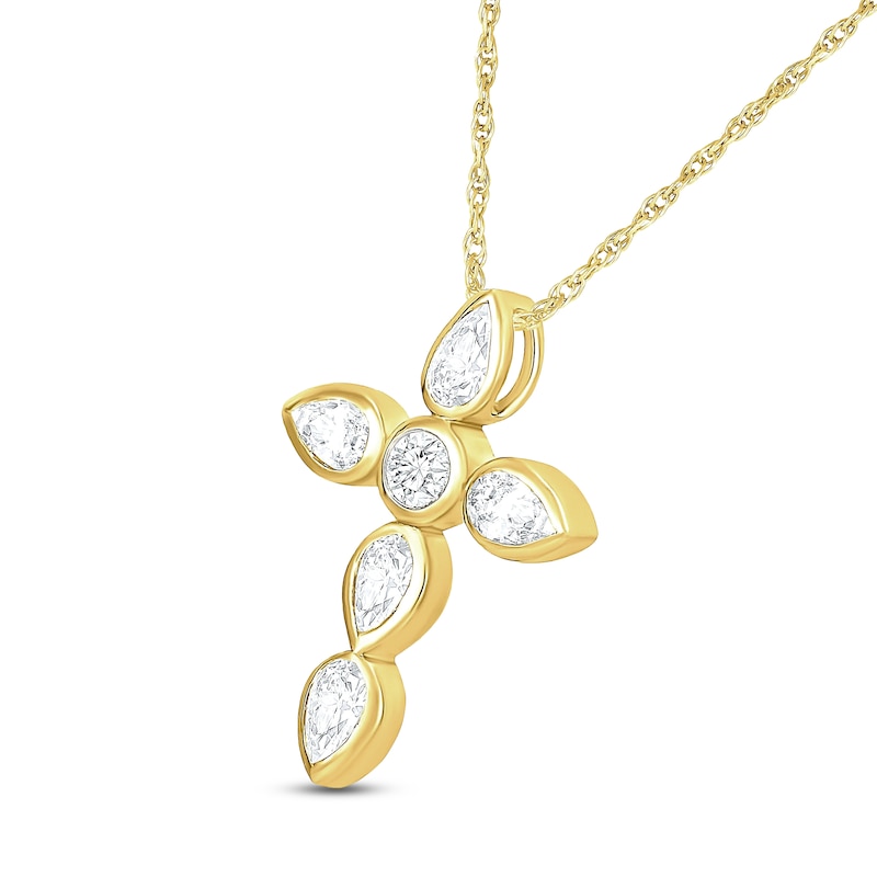 Main Image 2 of Jared Signature Bezel Collection Pear-Shaped & Round-Cut Lab-Grown Diamond Cross Necklace 1/2 ct tw 14K Yellow Gold 18"