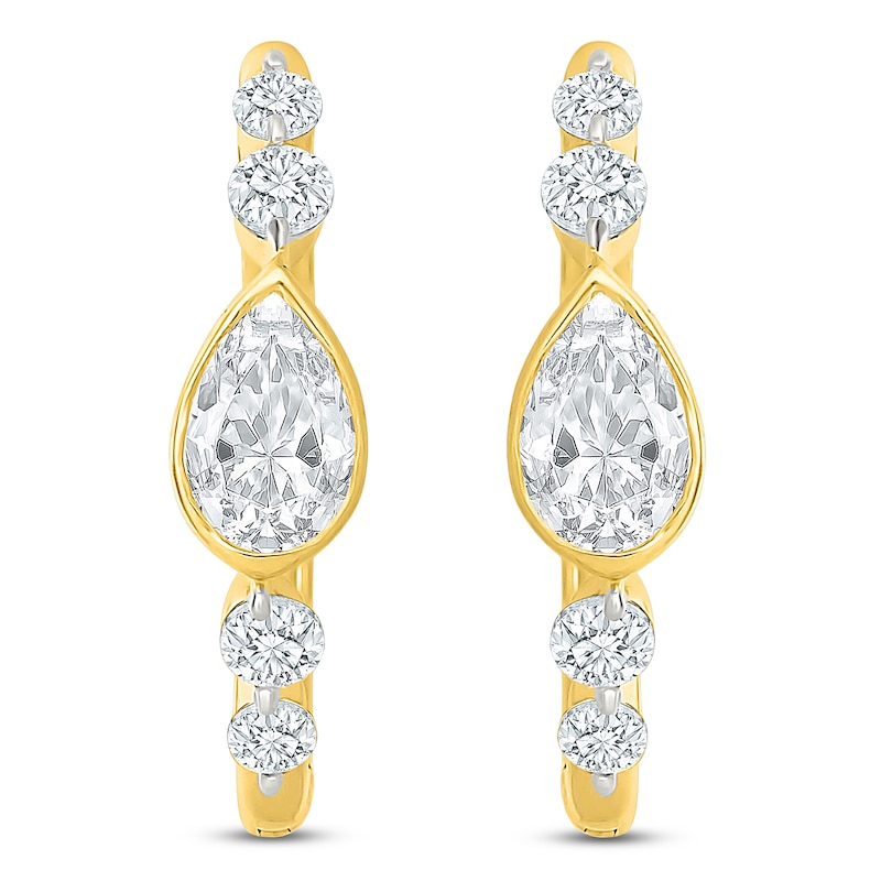 Main Image 3 of Jared Signature Bezel Collection Pear-Shaped & Round-Cut Lab-Grown Diamond Hoop Earrings 1 ct tw 14K Yellow Gold
