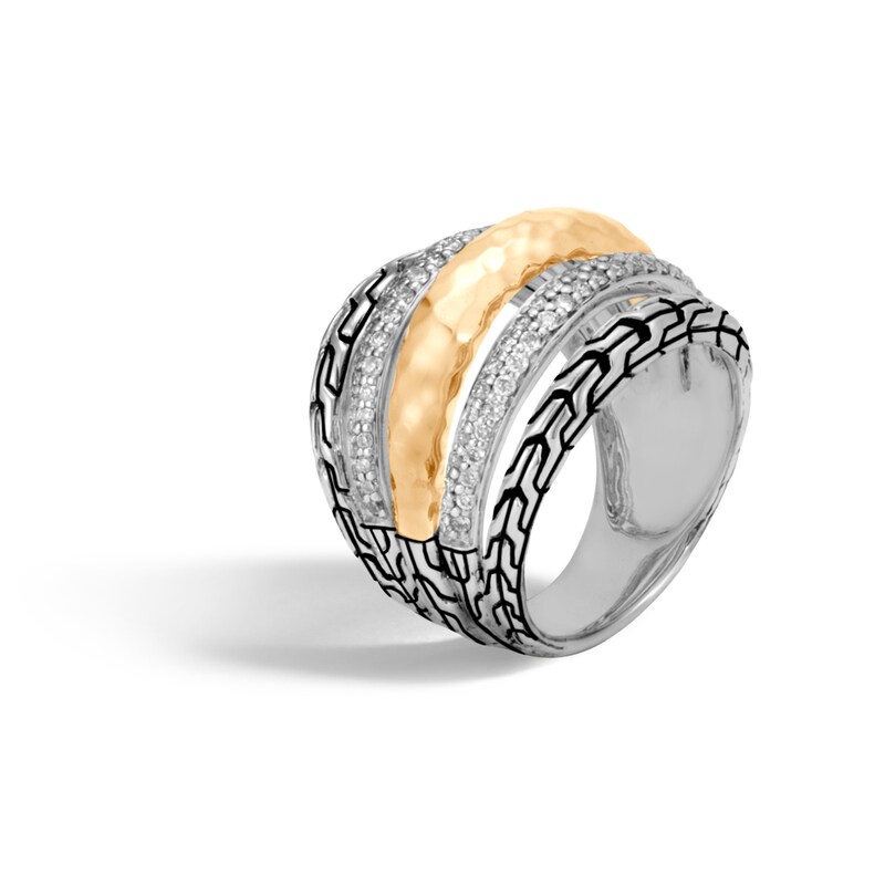 John Hardy Classic Chain Hammered Diamond Ring Sterling Silver/18K Yellow Gold