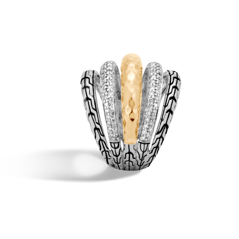 John Hardy Classic Chain Hammered Diamond Ring Sterling Silver/18K Yellow Gold