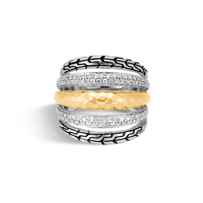 John Hardy Classic Chain Hammered Diamond Ring Sterling Silver/18K Yellow Gold