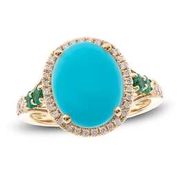 Natural Turquoise & Natural Emerald Ring 1/4 ct tw Diamonds 14K Yellow Gold