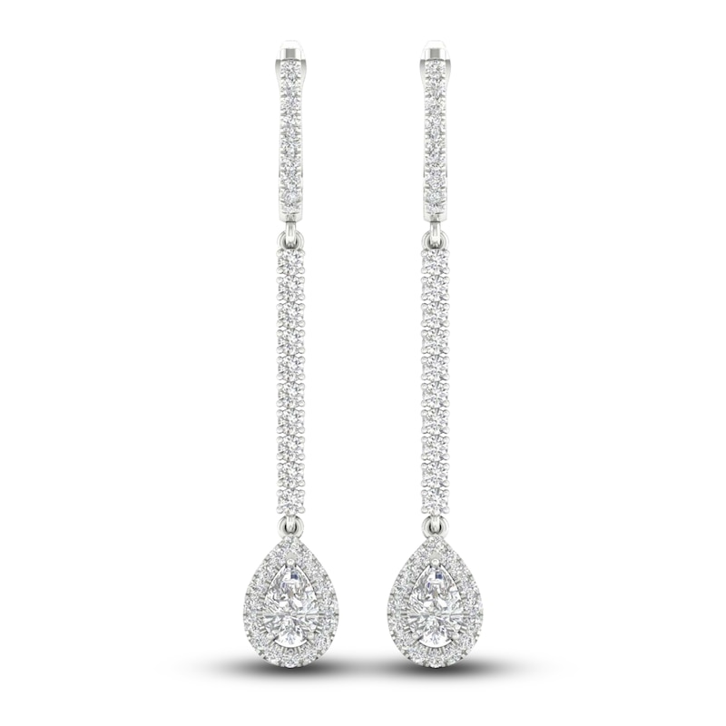 Lab-Created Diamond Dangle Earrings 1-1/2 ct tw Pear/Round 14K White Gold