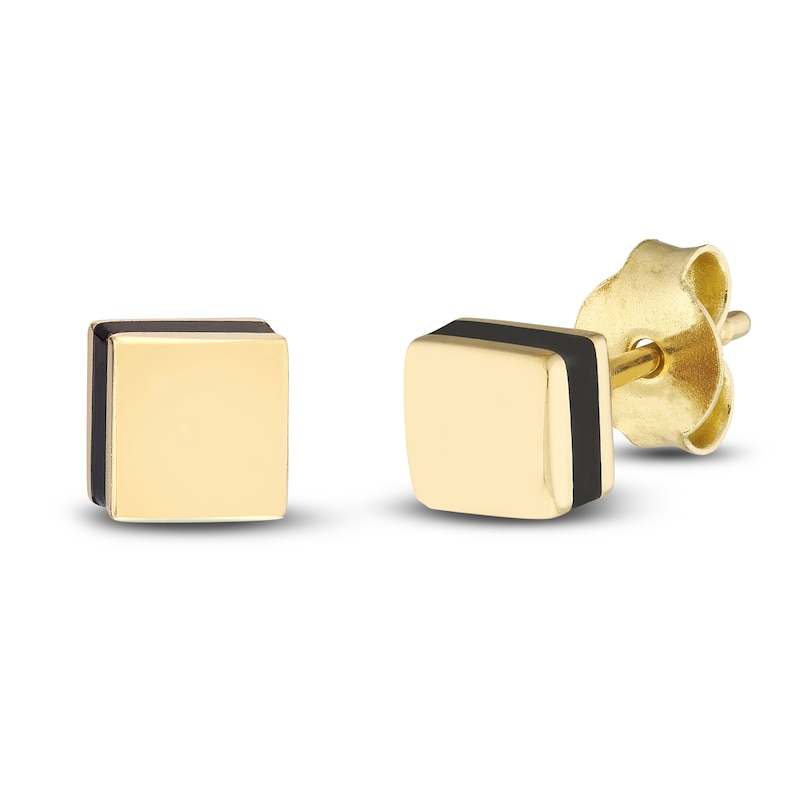 Main Image 1 of Square Stud Earrings Black Enamel 14K Yellow Gold