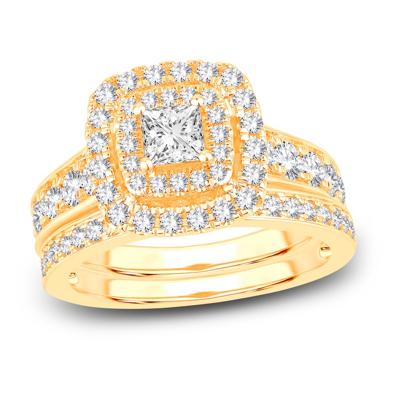 Diamond Double Halo Bridal Set 1-1/2 ct tw Princess/Round 14K Yellow ...