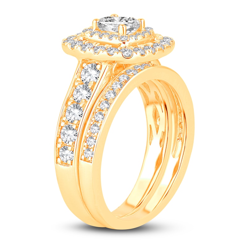 Diamond Double Halo Bridal Set 1-1/2 ct tw Princess/Round 14K Yellow Gold