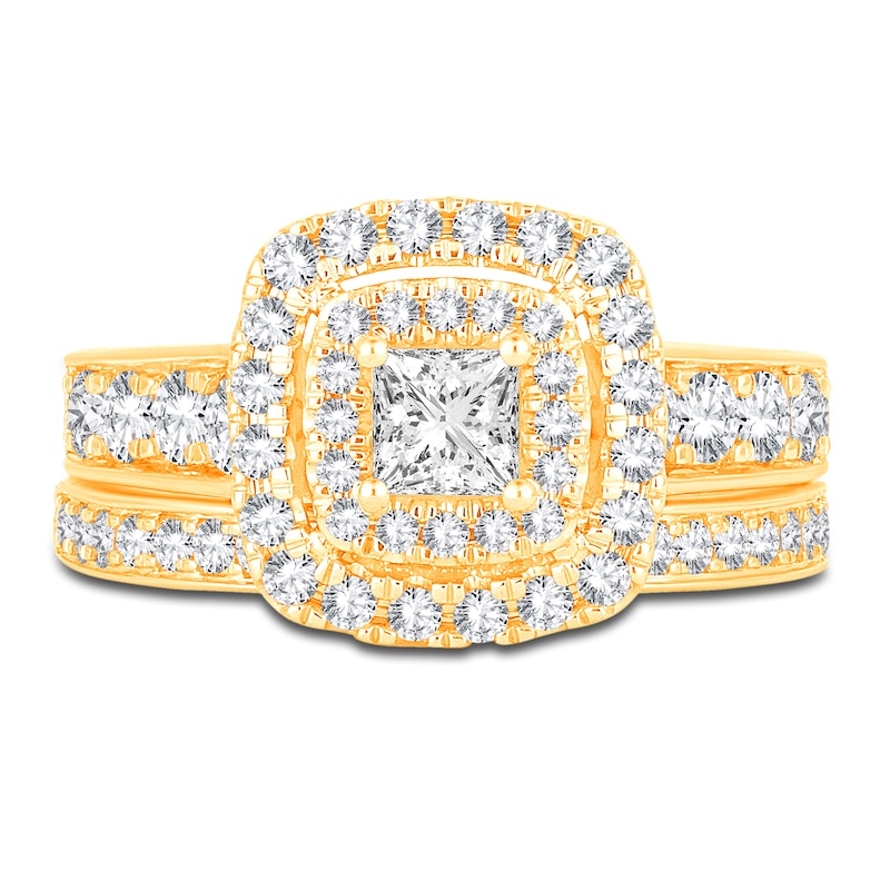 Main Image 3 of Diamond Double Halo Bridal Set 1-1/2 ct tw Princess/Round 14K Yellow Gold