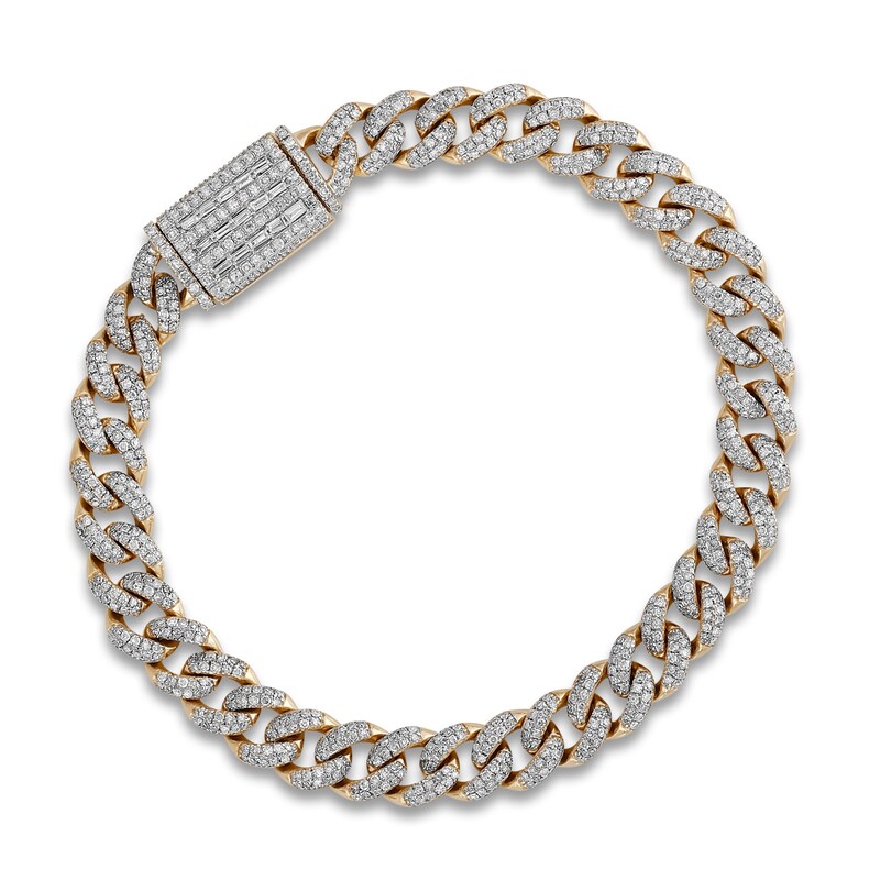 Diamond Cuban Link Bracelet 2-1/2 ct tw Round/Baguette 10K Yellow Gold 7"