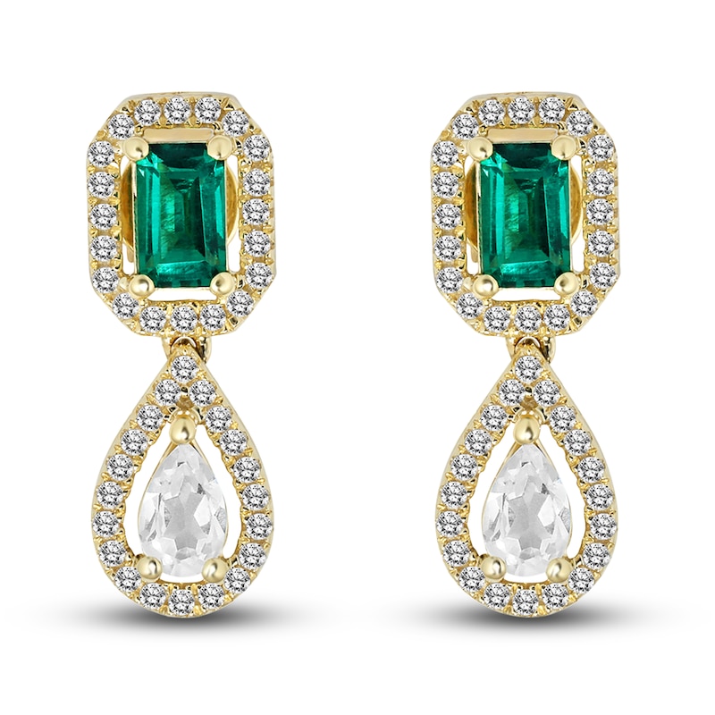 Main Image 1 of Lab-Created Emerald & White Lab-Created Sapphire Earrings 10K Yellow Gold