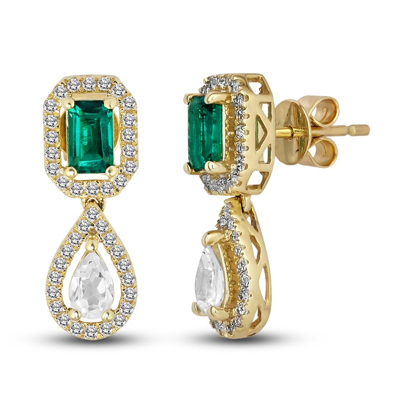 Main Image 2 of Lab-Created Emerald & White Lab-Created Sapphire Earrings 10K Yellow Gold