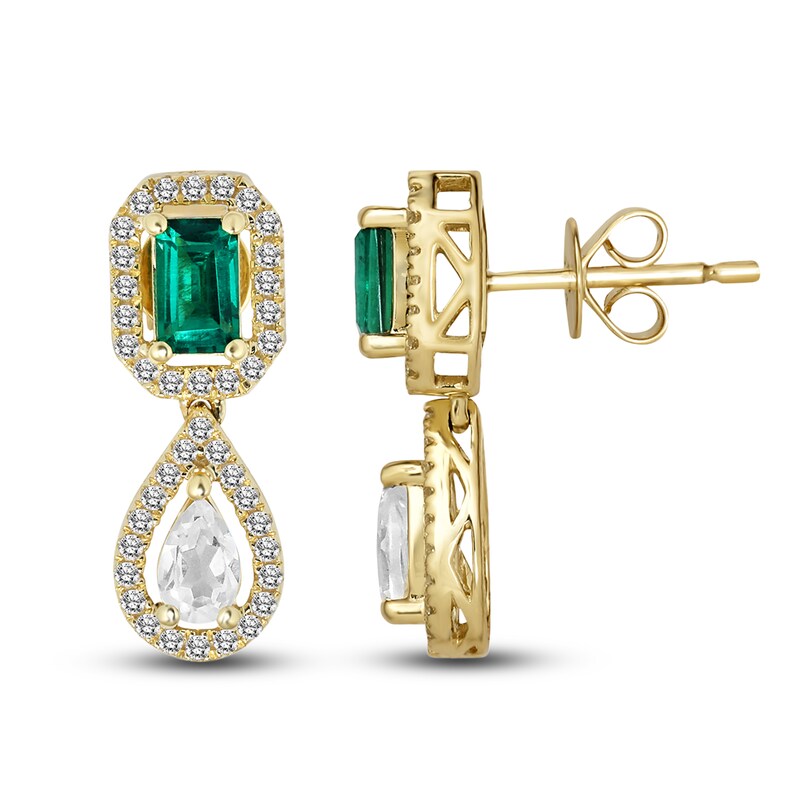 Main Image 3 of Lab-Created Emerald & White Lab-Created Sapphire Earrings 10K Yellow Gold