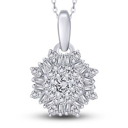 Diamond Pendant Necklace 3/8 ct tw Round/Baguette 14K White Gold 18"