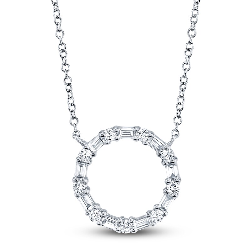 Main Image 1 of Shy Creation Baguette & Round-Cut Diamond Circle Necklace 1/4 ct tw 14K White Gold 18" SC55008725
