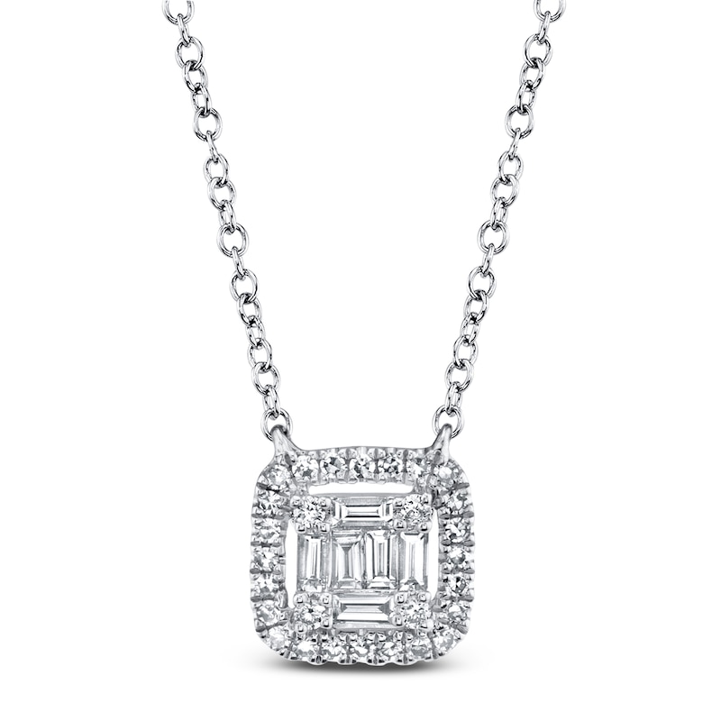Main Image 1 of Shy Creation Baguette & Round-Cut Diamond Cushion Frame Necklace 1/6 ct tw 14K White Gold 18" SC55010020