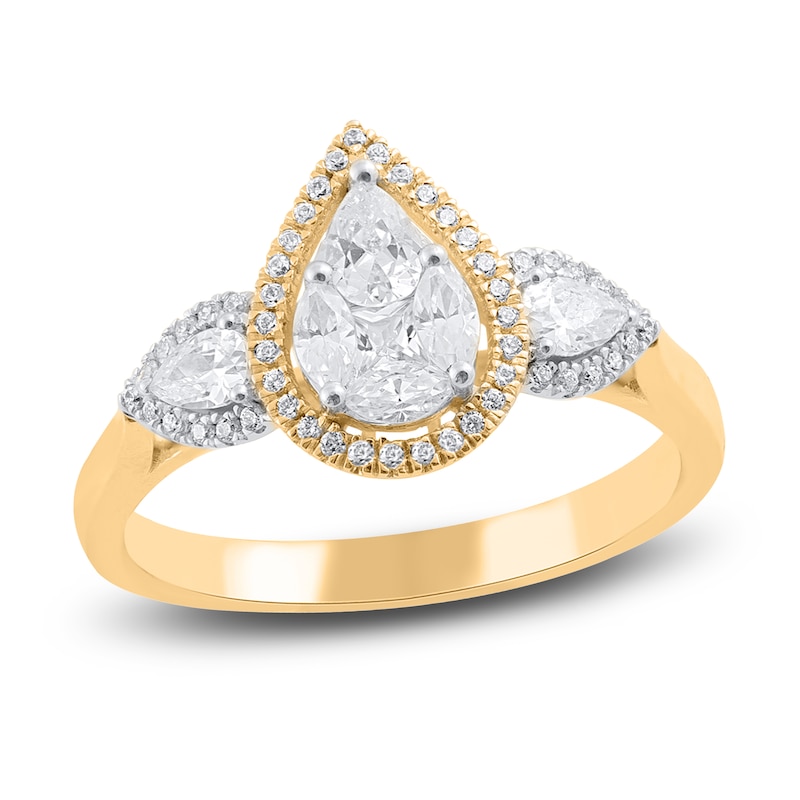 Main Image 1 of Round, Princess, Marquise & Pear-Cut Diamond 3-Stone Halo Ring 3/4 ct tw 14K Yellow Gold