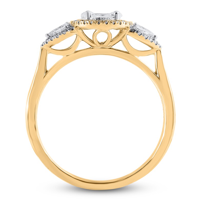 Main Image 2 of Round, Princess, Marquise & Pear-Cut Diamond 3-Stone Halo Ring 3/4 ct tw 14K Yellow Gold
