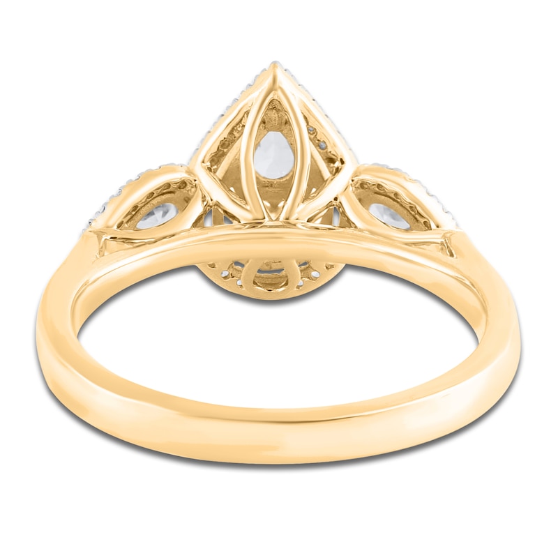 Main Image 3 of Round, Princess, Marquise & Pear-Cut Diamond 3-Stone Halo Ring 3/4 ct tw 14K Yellow Gold