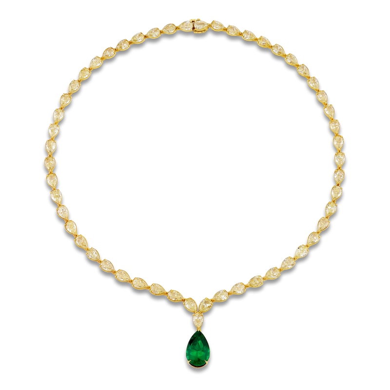 Jared Atelier X Shy Pear-Shaped Natural Emerald & Diamond Necklace 28-1/3 ct tw 18K Yellow Gold 17"