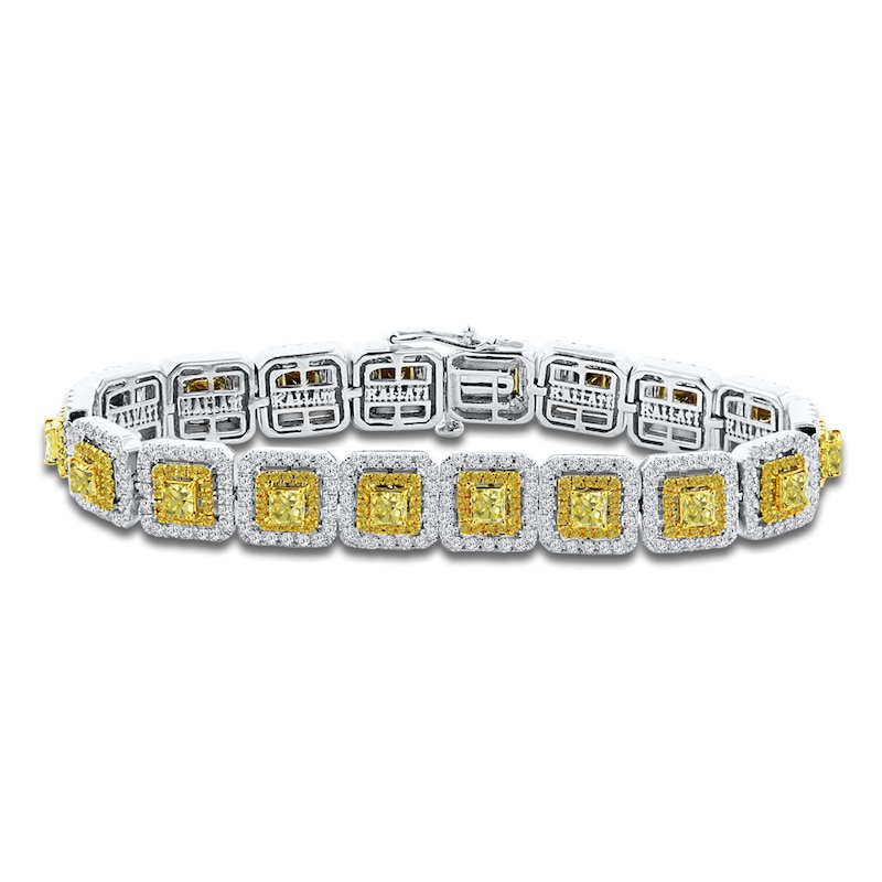 Main Image 1 of Kallati Princess-Cut Yellow & White Diamond Cushion Link Tennis Bracelet 8-7/8 ct tw 14K White Gold 7"