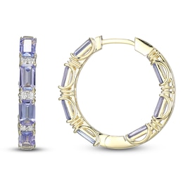 Rectangle-Cut Natural Tanzanite & Diamond Hoop Earrings 1/5 ct tw 10K Yellow Gold