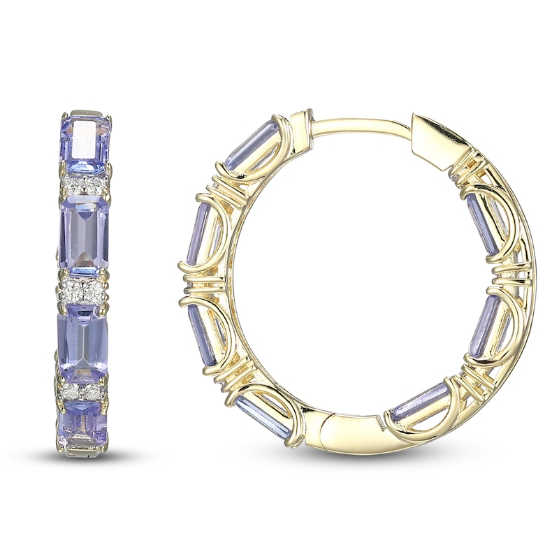Main Image 1 of Rectangle-Cut Natural Tanzanite & Diamond Hoop Earrings 1/5 ct tw 10K Yellow Gold