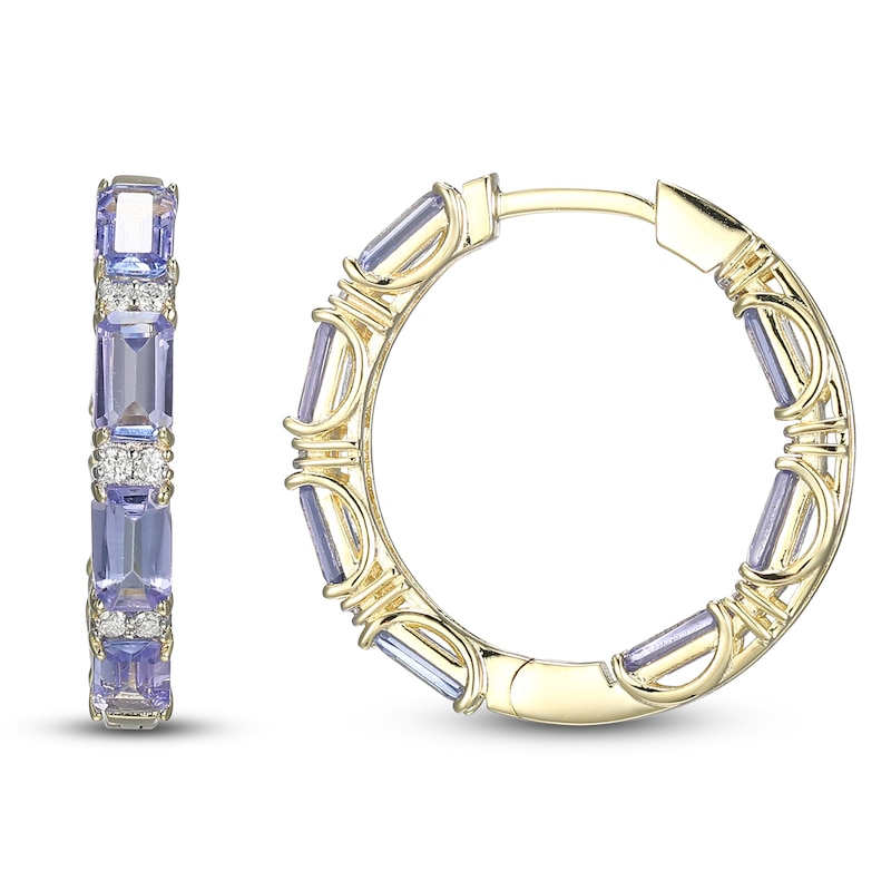 Rectangle-Cut Natural Tanzanite & Diamond Hoop Earrings 1/5 ct tw 10K Yellow Gold