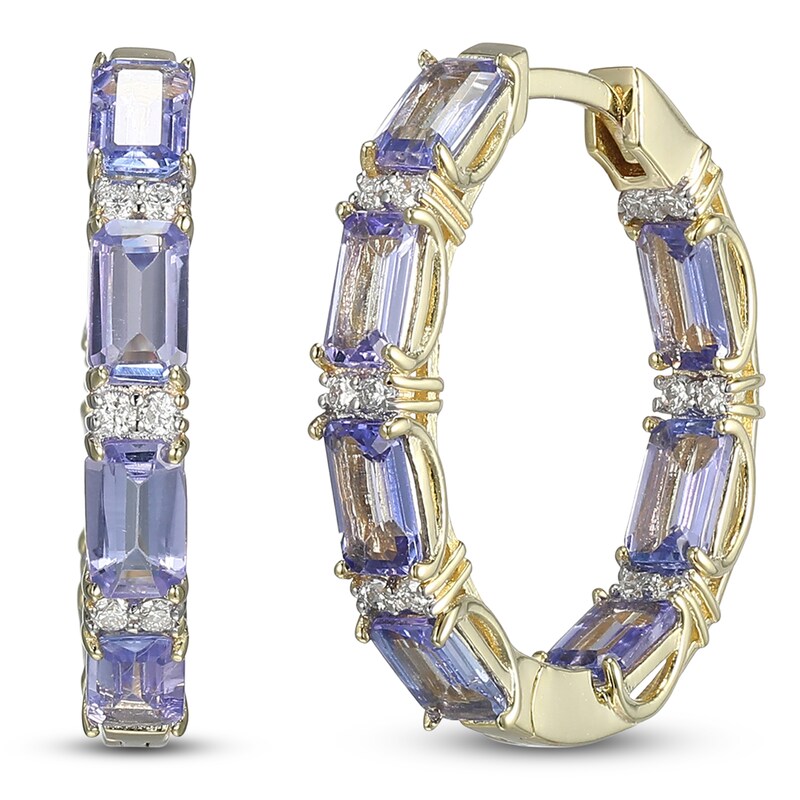 Main Image 2 of Rectangle-Cut Natural Tanzanite & Diamond Hoop Earrings 1/5 ct tw 10K Yellow Gold