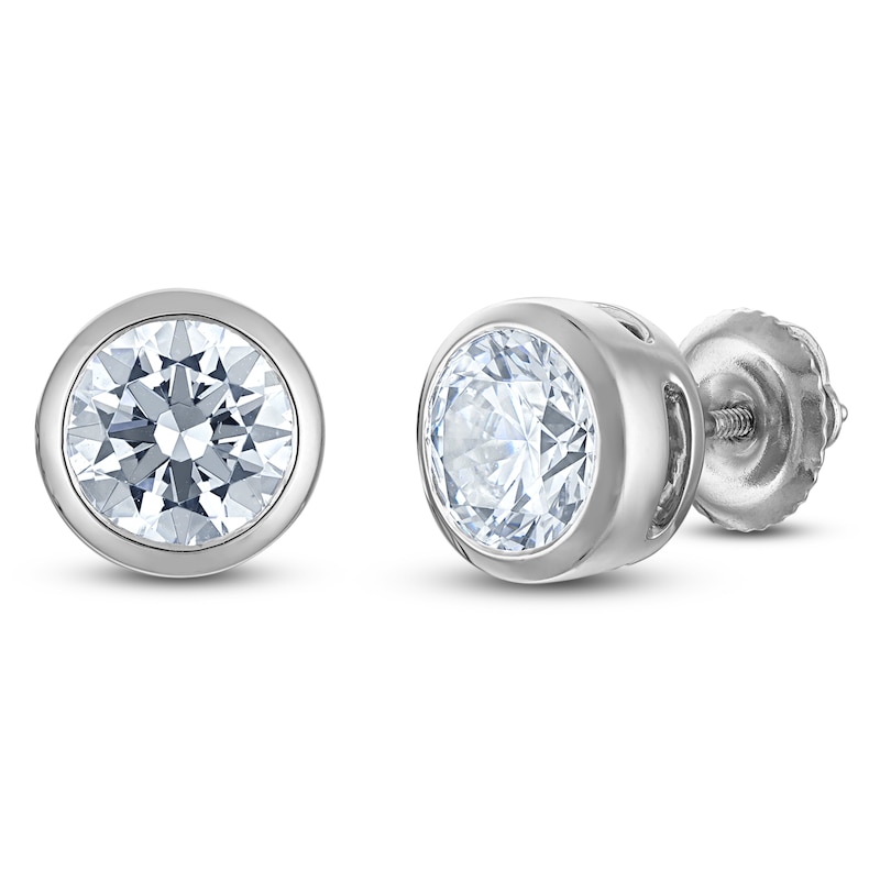Main Image 2 of Certified Round-Cut Diamond Bezel-Set Solitaire Stud Earrings 1 ct tw 14K White Gold (I1/I)