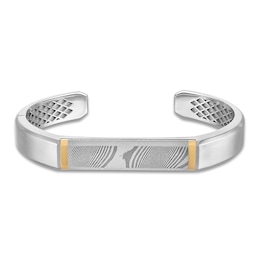 Forged by Jared Men's Cuff Bangle 18K Yellow Gold, Damascus Steel & Sterling Silver