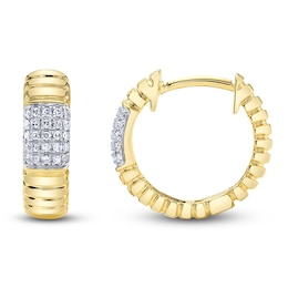 Shy Creation Multi-Diamond Rectangle Ribbed Hoop Earrings 1/15 ct tw 14K Yellow Gold J-SC22009544RD