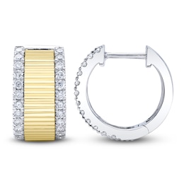 Shy Creation Diamond Ribbed Huggie Hoop Earrings 3/8 ct tw 14K Two-Tone Gold J-SC22008949