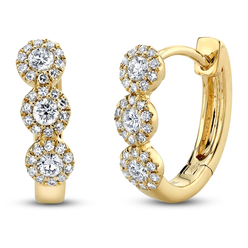 Main Image 2 of Shy Creation Diamond Three-Stone Halo Hoop Earrings 1/3 ct tw 14K Yellow Gold J-SC55002491
