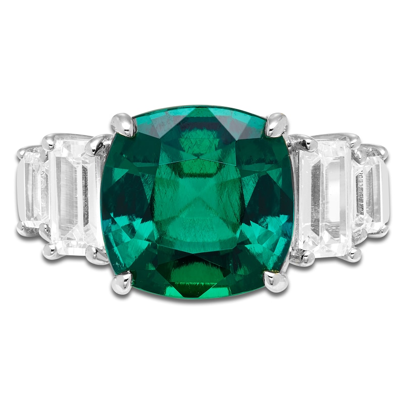 Main Image 2 of Cushion-Cut Lab-Created Emerald & Baguette-Cut White Lab-Created Sapphire Ring Sterling Silver