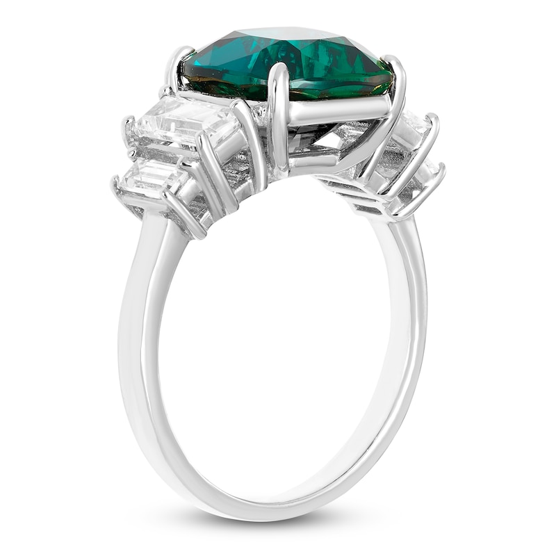 Main Image 3 of Cushion-Cut Lab-Created Emerald & Baguette-Cut White Lab-Created Sapphire Ring Sterling Silver